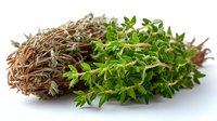 Fresh thyme herb bunch with dried and green varieties on white background, showcasing culinary herbs for cooking and seasoning.