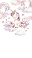 Cute watercolor unicorn with pink mane surrounded by pastel rainbows, clouds and flowers on white background for nursery decor and children designs.
