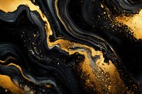 Luxurious black and gold marble texture with flowing waves and glitter effect. Abstract fluid art background with metallic golden veins and dark swirls.