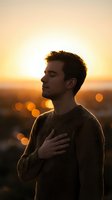 Young man with dark hair and Caucasian ethnicity wearing knit sweater, hand on chest, gazing thoughtfully during golden hour sunset with blurred city lights background.