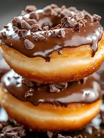 Freshly baked chocolate glazed donuts stacked with chocolate chips on top, showcasing rich texture and indulgent dessert details in macro photography.