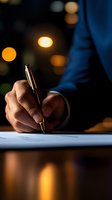 Businessman hand holding elegant pen writing on document with warm bokeh lights in evening office atmosphere for professional contracts and agreements.