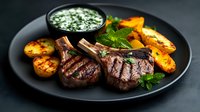 Grilled lamb chops with roasted potatoes and mint sauce served on black plate. Juicy meat with charred marks and golden vegetables create appetizing composition.