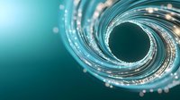Glowing spiral of optical fibers creating dynamic swirl pattern against turquoise background, abstract technology concept for digital communications and data transfer.