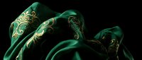 Mysterious hooded figures in emerald green robes with golden ornate patterns gathered in dark atmospheric setting for fantasy storytelling concepts.