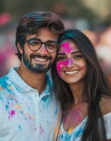 Young South Asian couple celebrating Holi festival with colorful powder paint on faces and clothes, smiling joyfully at camera during spring celebration.
