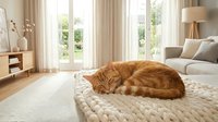 Orange tabby cat sleeping peacefully on cozy knitted blanket in bright modern living room with natural light streaming through windows for home decor.