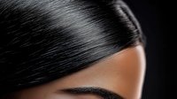 Close up portrait of young African American woman with flawless dark skin, black straight hair and expressive eyebrow against black background.