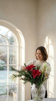 Young woman arranging festive holiday bouquet with red poinsettia flowers and evergreen branches in glass vase by arched window in bright home interior.