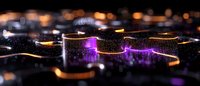 Abstract futuristic landscape with glowing purple and orange lights creating waves and circles against dark background, digital art style panoramic composition.