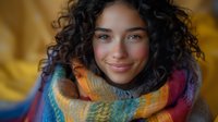 Young mixed race woman with curly dark hair and natural makeup smiling warmly while wearing colorful knitted scarf against golden background.