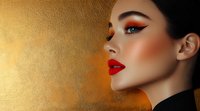 Asian woman with dramatic makeup, red lips, and sharp winged eyeliner in profile against golden textured background, wearing black outfit for luxury beauty and fashion campaigns.