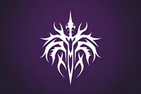 Stylized white tribal sword emblem with symmetrical wing-like elements on dark purple background, isolated design suitable for gaming logos and fantasy branding.