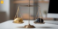 Golden and black human brain models balanced on vintage brass scales, symbolizing mental health equality and cognitive decision-making.