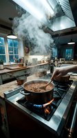 Chef cooking aromatic dish in steaming pan on gas stove in professional restaurant kitchen with copper cookware and modern ventilation system.