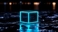 Glowing neon blue cube on wet reflective dark surface with bokeh lights in background creates futuristic cyberpunk atmosphere. For technology and innovation concepts.