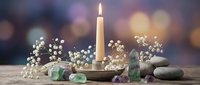 Zen spa composition with burning candle, smooth stones, baby's breath flowers and green crystals on wooden surface creating peaceful meditation atmosphere.