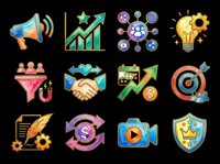 Megaphone with sound waves, growth chart with upward arrow, network of connected purple circles, glowing light bulb, funnel with people and dollar sign, handshake with turquoise hearts, calendar with upward arrow and dollar symbol, target with dart, clipboard with pencil and gears, circular arrow with dollar sign, video play button in blue box, and shield with star badge isolated on transparent background. Ready for t-shirt design, clipart, stickers, print-on-demand, and sublimation projects.