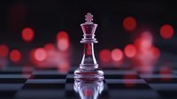 Glass chess king piece on dark board with red bokeh lights and reflection, dramatic lighting creates mysterious atmosphere for strategy and leadership concepts.
