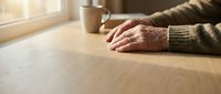 Senior man hands resting on wooden table with coffee mug in warm morning sunlight creating peaceful contemplative moment for relaxation and mindfulness concepts.