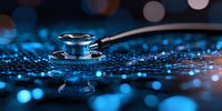 Medical stethoscope on dark surface with blue bokeh lights and water drops, reflecting modern healthcare technology and medical examination concept.