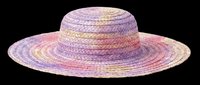Colorful woven straw sun hat with purple, pink, and natural tan stripes, isolated on transparent background. Ready for clipart, t-shirt design, print-on-demand products, and sublimation projects.