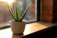 Small aloe vera plant in white ceramic pot on wooden windowsill with warm sunlight streaming through window creating peaceful indoor garden atmosphere.