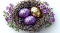 Bird nest with purple and gold speckled Easter eggs decorated with spring flowers and delicate foliage, arranged on white background for seasonal holiday designs.