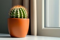 Round barrel cactus with sharp spines in terracotta pot on windowsill, natural daylight creating soft shadows against gray wall background.