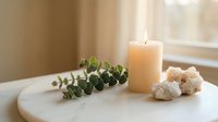 Peaceful spa setting with burning candle, eucalyptus branch and white coral on marble table near window for relaxation and wellness concepts.