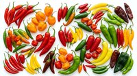 Colorful assortment of fresh chili peppers in various shapes and sizes including red, yellow, orange and green varieties isolated on white background for culinary design.