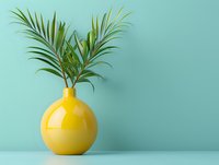 Green palm leaves in bright yellow spherical vase against mint wall background, minimal modern home decor composition on shelf with copy space.
