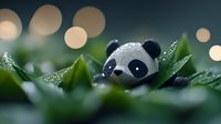 Adorable miniature panda figurine nestled among fresh green leaves with sparkling water droplets and warm bokeh lights creating magical atmosphere.
