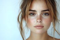 Young blonde woman with freckles and natural makeup looking at camera. Close-up portrait of caucasian female model with messy hair and green eyes.