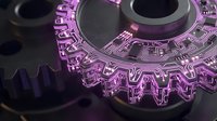 Glowing purple neon gears with intricate circuit patterns and mechanical details, suitable for technology, innovation, and futuristic design projects.