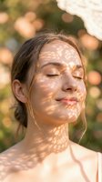 Young woman with closed eyes enjoying warm sunlight filtering through leaves creating natural shadow patterns on her peaceful face and skin.