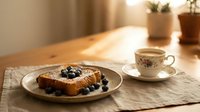 French toast topped with fresh blueberries served on ceramic plate with coffee cup in warm morning sunlight creating cozy breakfast atmosphere.