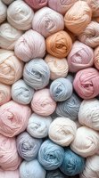 Collection of soft pastel colored yarn balls in pink, peach, cream and blue tones arranged together for knitting and crochet crafting projects.
