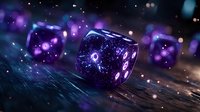 Glowing purple dice with mystical cosmic patterns floating in dark space with bokeh lights and magical sparkles, creating supernatural gaming atmosphere.