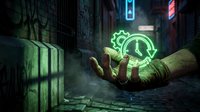 Glowing neon clock hologram floating above open hand in dark urban alley with moody lighting, representing time management, technology, and futuristic concepts.