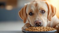 Young golden labrador retriever puppy eating dry kibble food from bowl with warm sunlight creating cozy domestic atmosphere for pet care advertising.