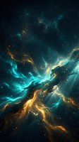 Cosmic nebula with swirling turquoise and golden energy streams, glowing particles, and stars scattered throughout dark space. Suitable for science fiction, astronomy, and space exploration projects.