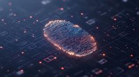 Digital fingerprint scan with glowing orange particles on dark circuit board background shows modern biometric security and identity verification technology.