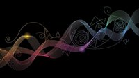 Abstract colorful wave lines flowing with geometric shapes and swirls on black background for modern digital design and creative projects.