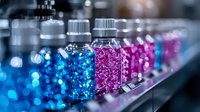 Colorful glitter bottles arranged in row showing gradient from blue to pink sparkles, creating magical bokeh effect in cosmetic or craft supply store setting.