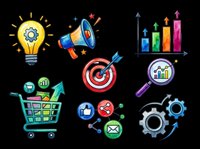 Watercolor business and marketing icons set isolated on transparent background, featuring lightbulb, megaphone, chart, target, cart, social media, and gears for clipart, stickers, print on demand.