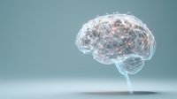 Digital brain model with glowing neural network connections and wireframe structure floating on soft teal background. Medical and artificial intelligence concept.
