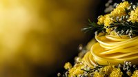Fresh pasta nest with rosemary sprigs and yellow edible flowers on dark background, selective focus. Artistic food composition for restaurant menu.