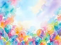 Colorful watercolor balloons floating against soft pastel background with paint splatters and artistic texture for celebration and party designs.
