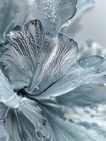 Delicate frost-colored flower petals with intricate vein patterns create an ethereal macro composition in cool silver-blue tones, showcasing nature's detailed textures.